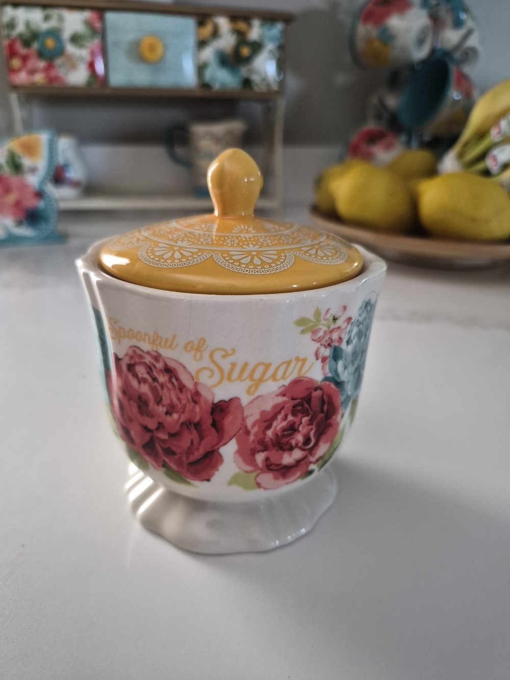 The Pioneer Woman Floral Ceramic Sugar Bowl with Yellow Lid - Cottagecore Kitche